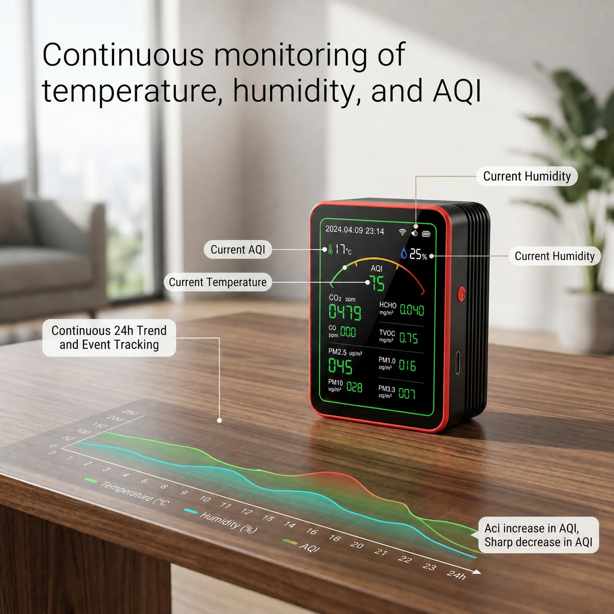 Indoor Air Quality Monitor 15-in-1 WiFi PM2.5 CO2 Meter Tuya App