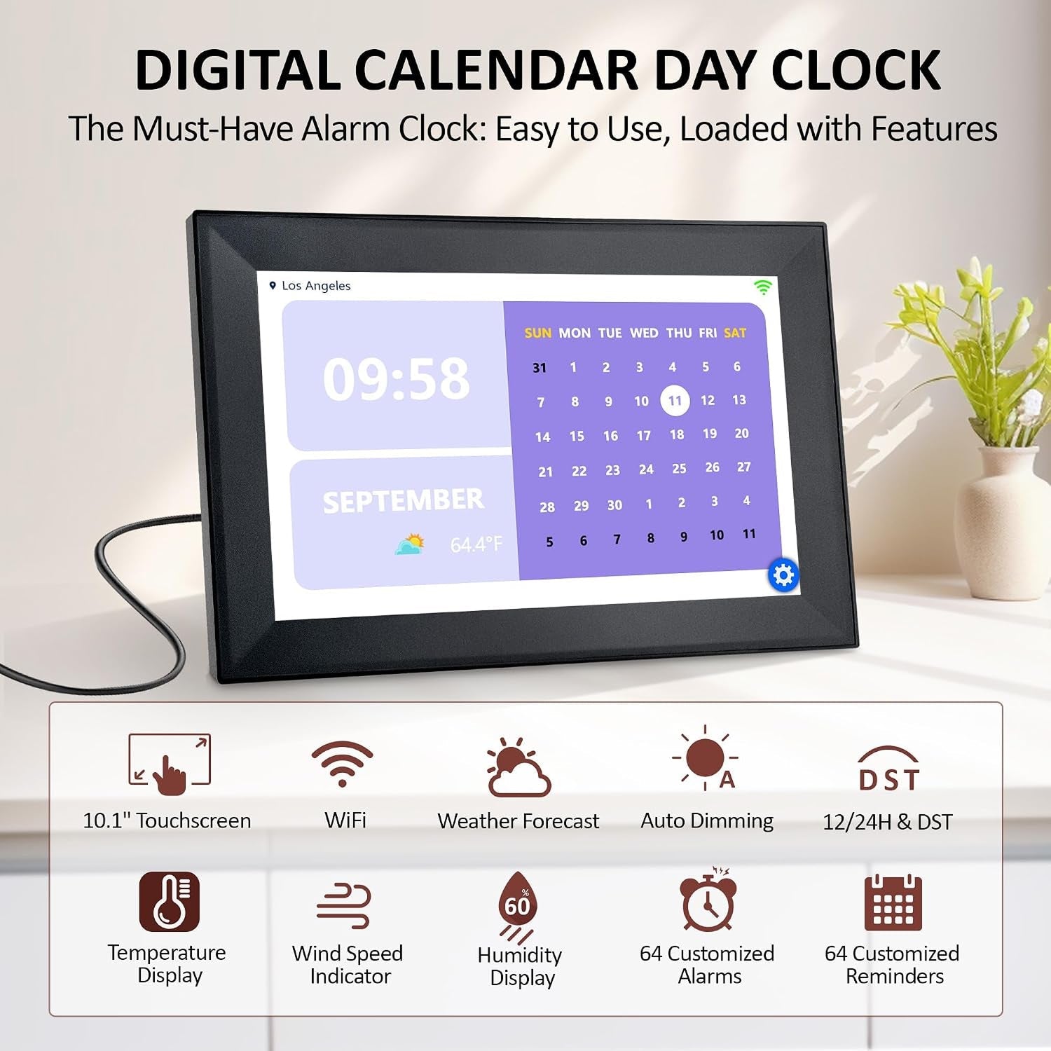 Digital Calendar 10.1-Inch Day Clock for Seniors Medication Alarm