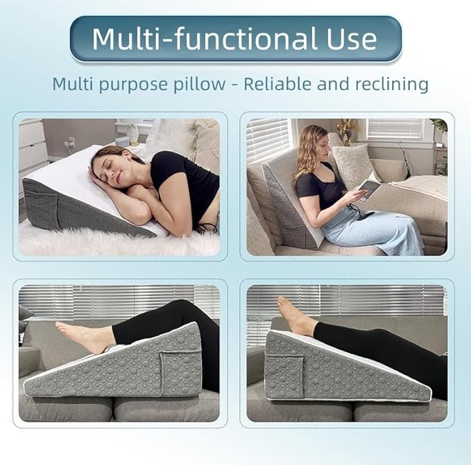LeanHavi 4-in-1 Orthopedic Wedge Pillow with Dual-Layer Memory Foam, Breathable Quilted Cover and Integrated Storage Pockets