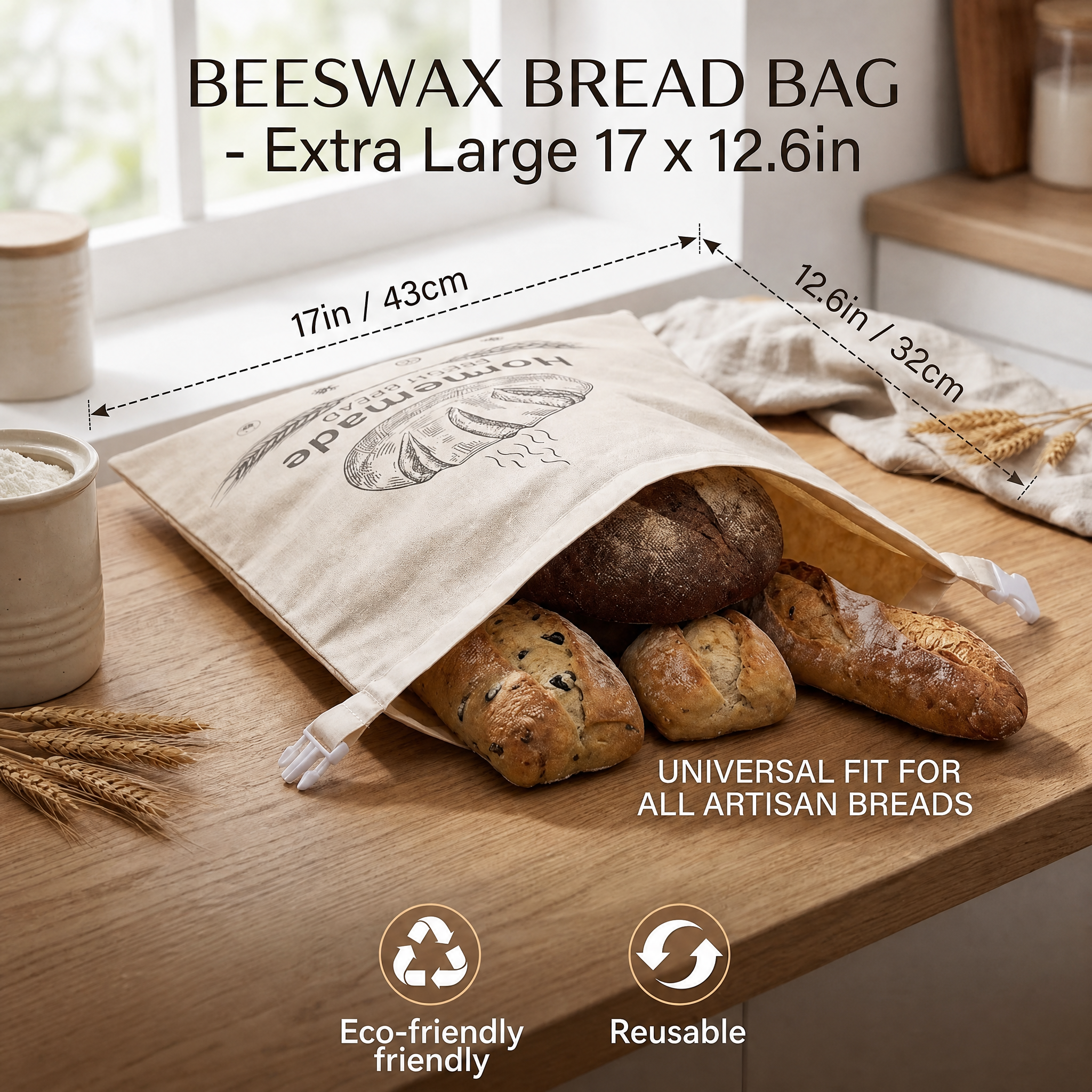 BeeBredix Beeswax Bread Bag Linen 17x12.6in Keeps Fresh 7 Days Freezer-Safe Reusable