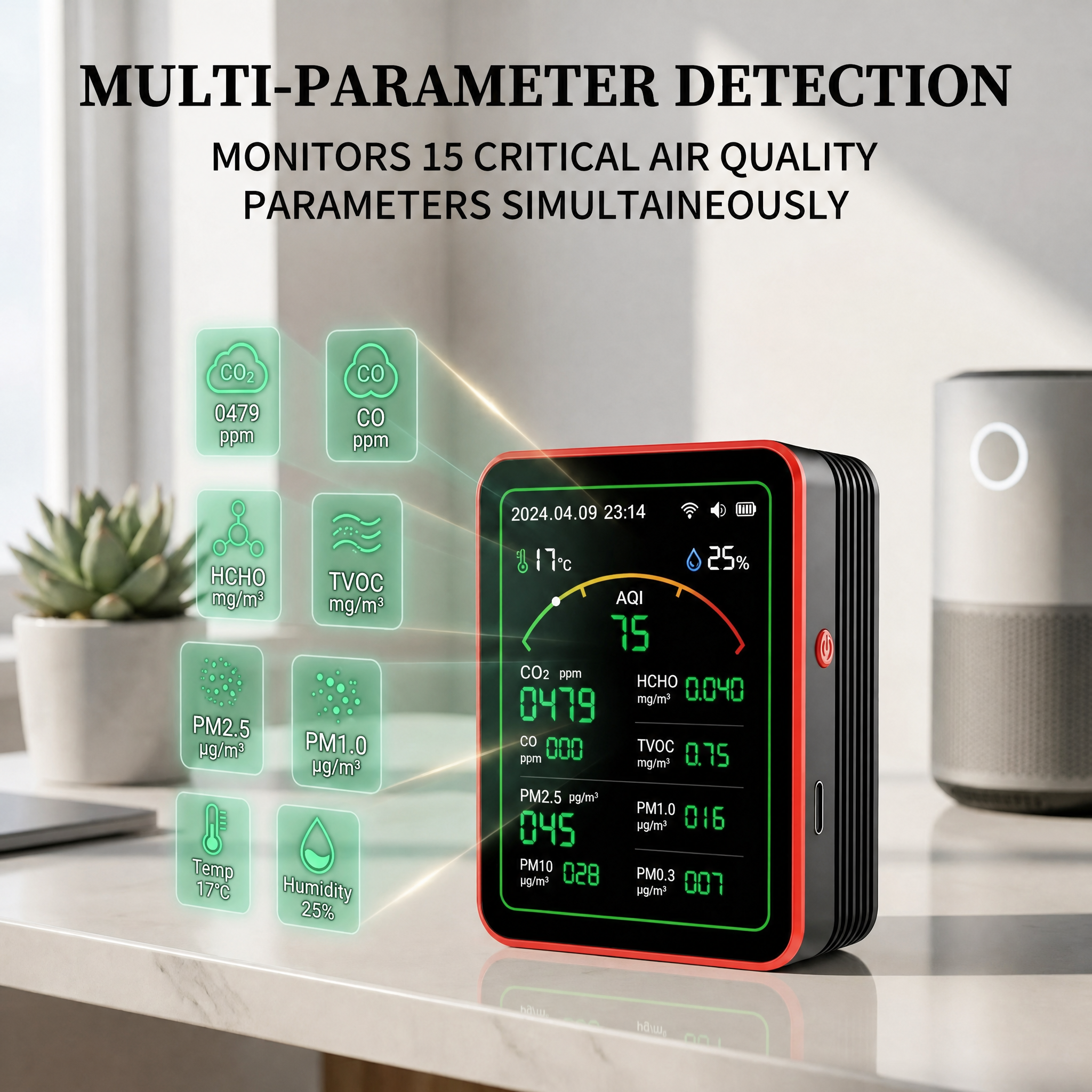 Indoor Air Quality Monitor 15-in-1 WiFi PM2.5 CO2 Meter Tuya App