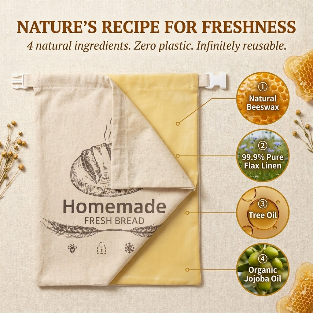 BeeBredix Beeswax Bread Bag Linen 17x12.6in Keeps Fresh 7 Days Freezer-Safe Reusable