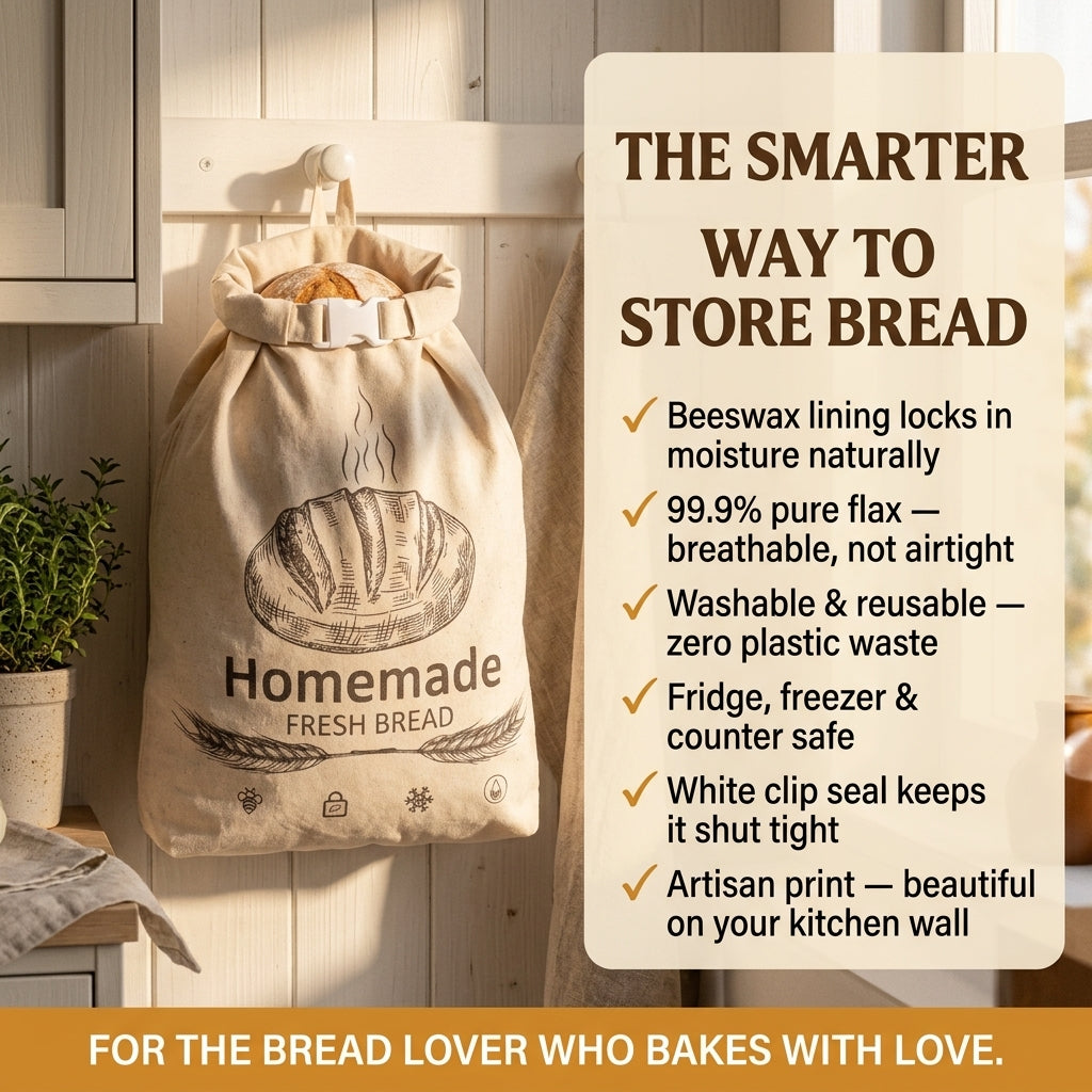 BeeBredix Beeswax Bread Bag Linen 17x12.6in Keeps Fresh 7 Days Freezer-Safe Reusable