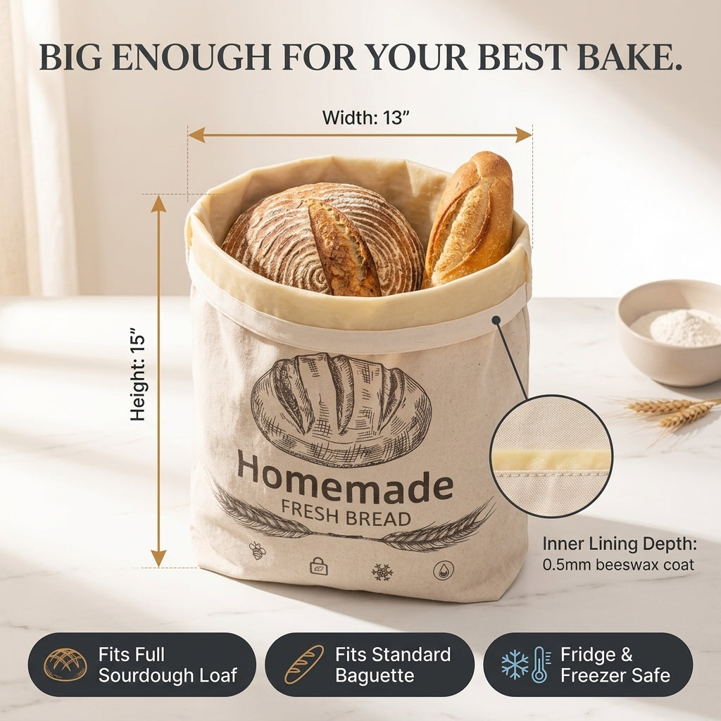 BeeBredix Beeswax Bread Bag Linen 17x12.6in Keeps Fresh 7 Days Freezer-Safe Reusable