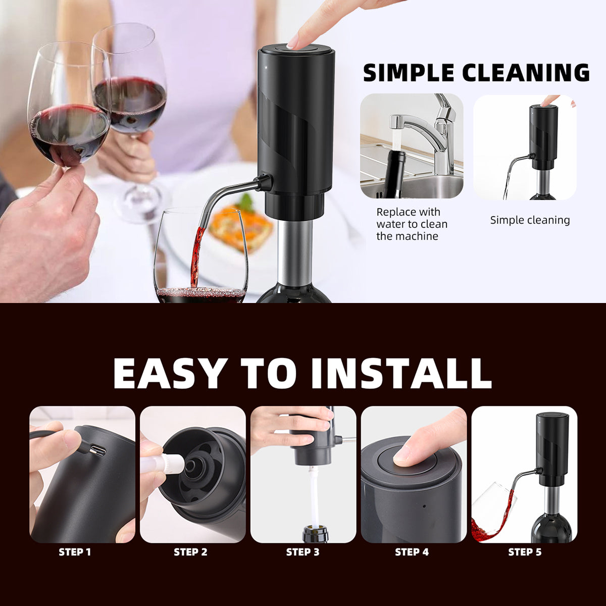 AciWemi Electric Wine Aerator and Pourer with USB Type-C Charging, Instant 20-Minute Decanting Effect and 30-Bottle Battery Life