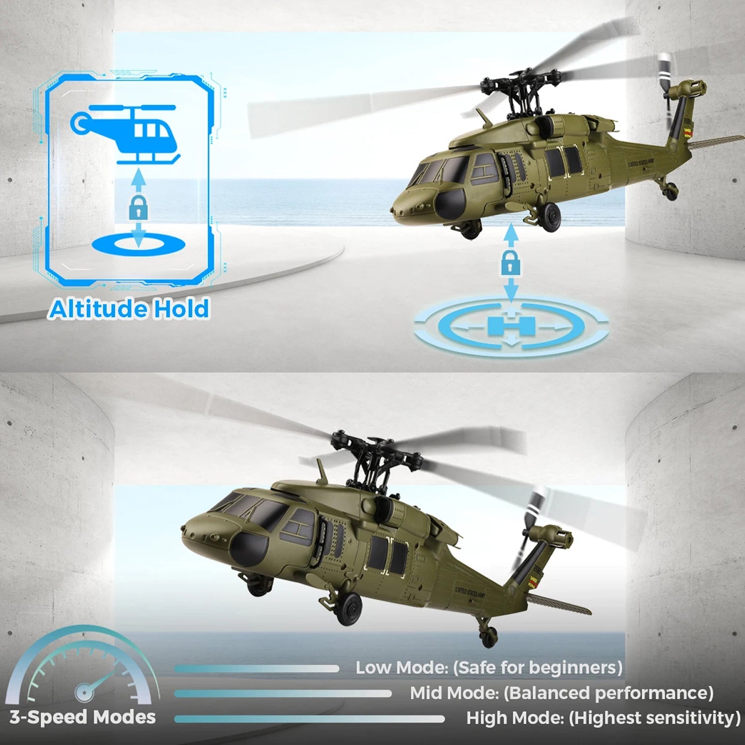 AiriRotor Black Hawk Military RC Helicopter with 11200KV Brushless Motor, 6-Axis Gyroscope and Triple Modular Battery System