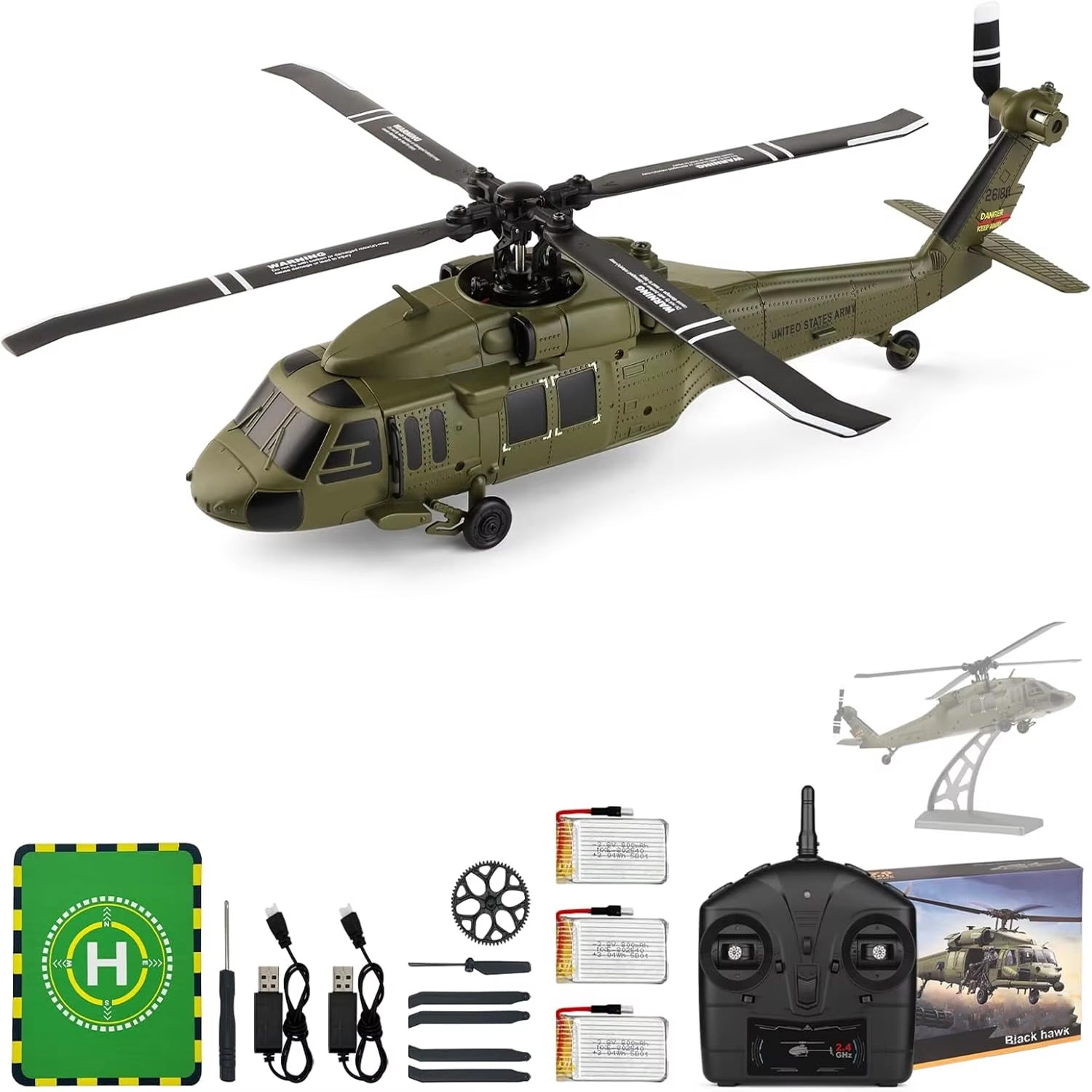 AiriRotor Black Hawk Military RC Helicopter with 11200KV Brushless Motor, 6-Axis Gyroscope and Triple Modular Battery System