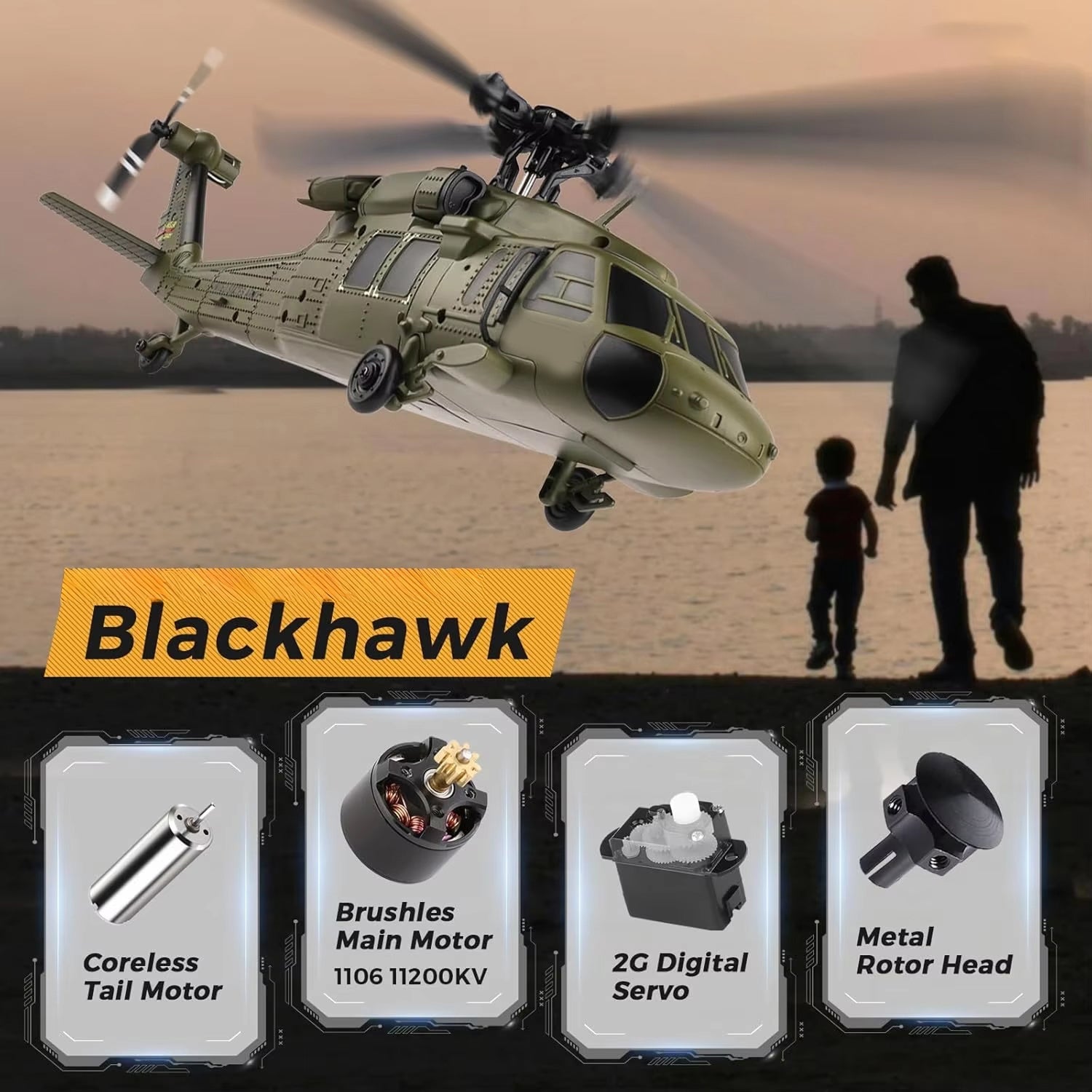 AiriRotor Black Hawk Military RC Helicopter with 11200KV Brushless Motor, 6-Axis Gyroscope and Triple Modular Battery System