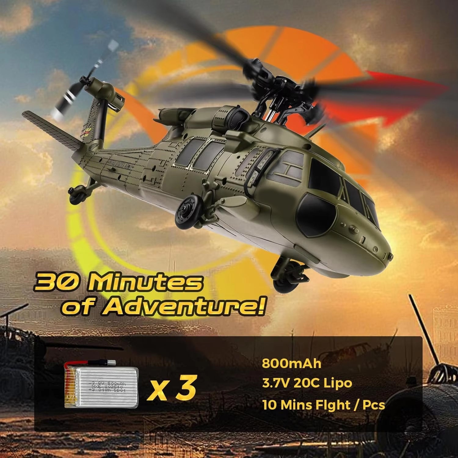 AiriRotor Black Hawk Military RC Helicopter with 11200KV Brushless Motor, 6-Axis Gyroscope and Triple Modular Battery System