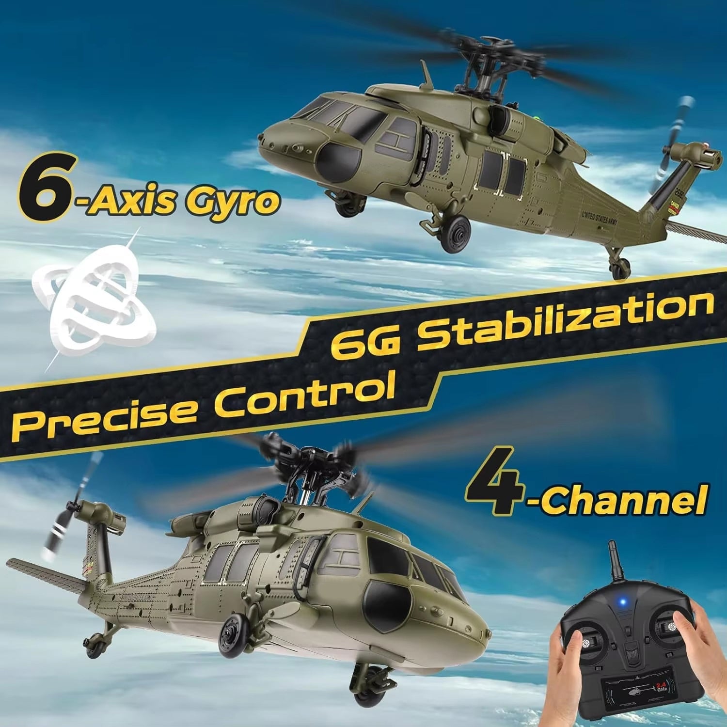 AiriRotor Black Hawk Military RC Helicopter with 11200KV Brushless Motor, 6-Axis Gyroscope and Triple Modular Battery System