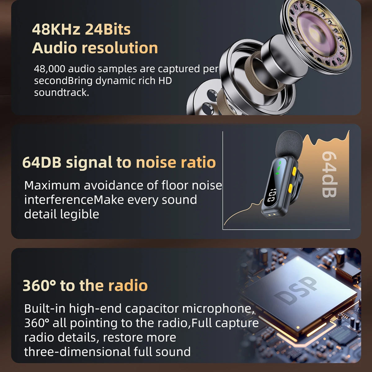 AuziMic Wireless Lavalier Microphone 48KHz/24-Bit Hi-Res AI Noise Cancellation 50m Range