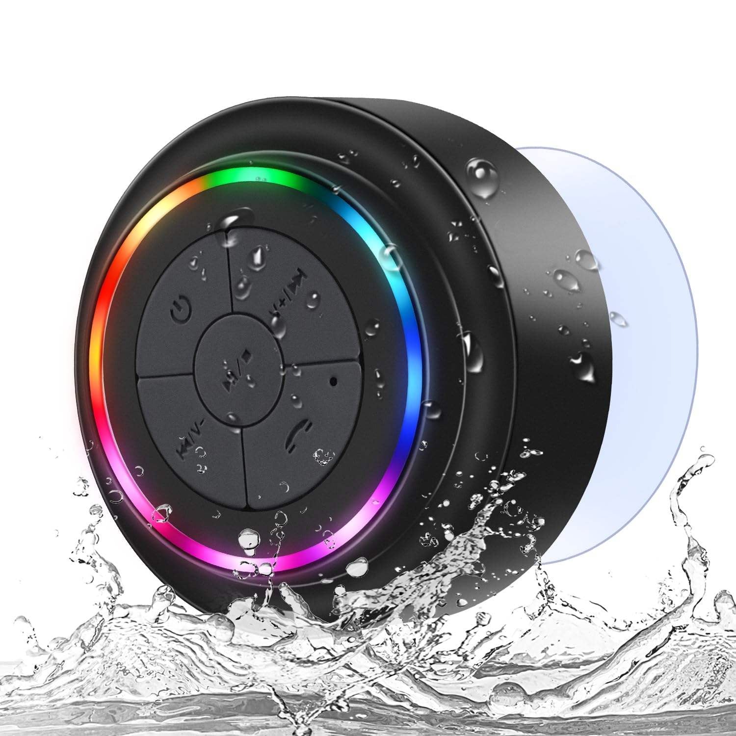 Title: BathMuci IP67 Waterproof Shower Speaker - TWS Stereo Sound, Detachable Suction Cup, RGB LED Lights
