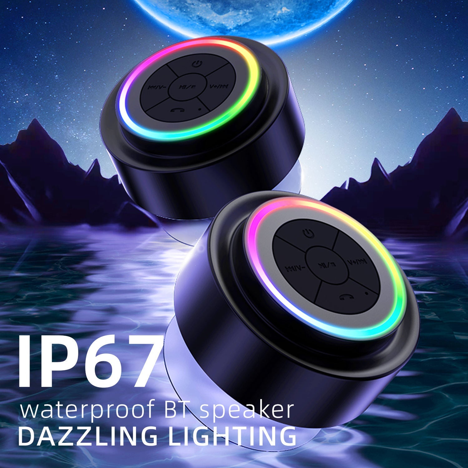 Title: BathMuci IP67 Waterproof Shower Speaker - TWS Stereo Sound, Detachable Suction Cup, RGB LED Lights
