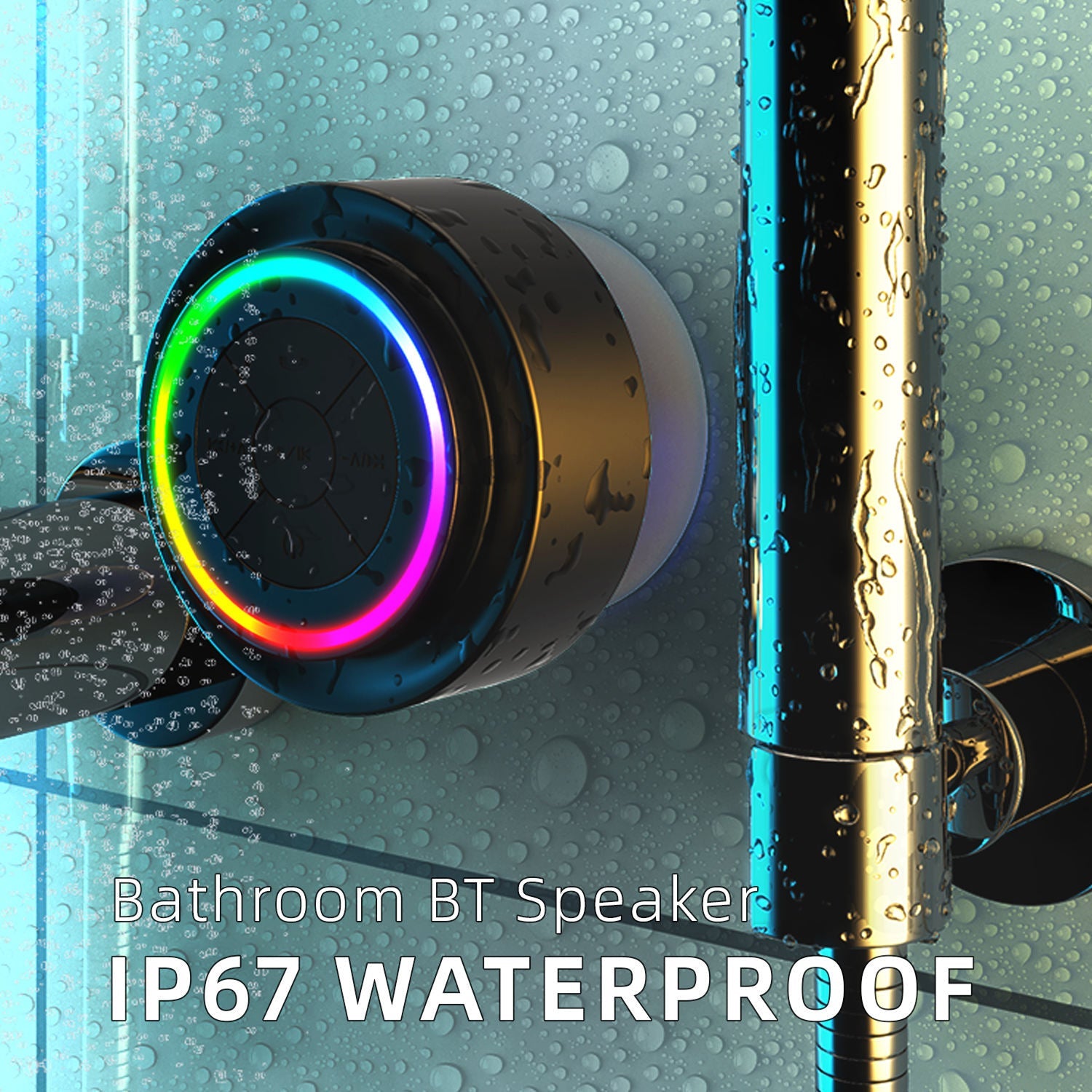 Title: BathMuci IP67 Waterproof Shower Speaker - TWS Stereo Sound, Detachable Suction Cup, RGB LED Lights