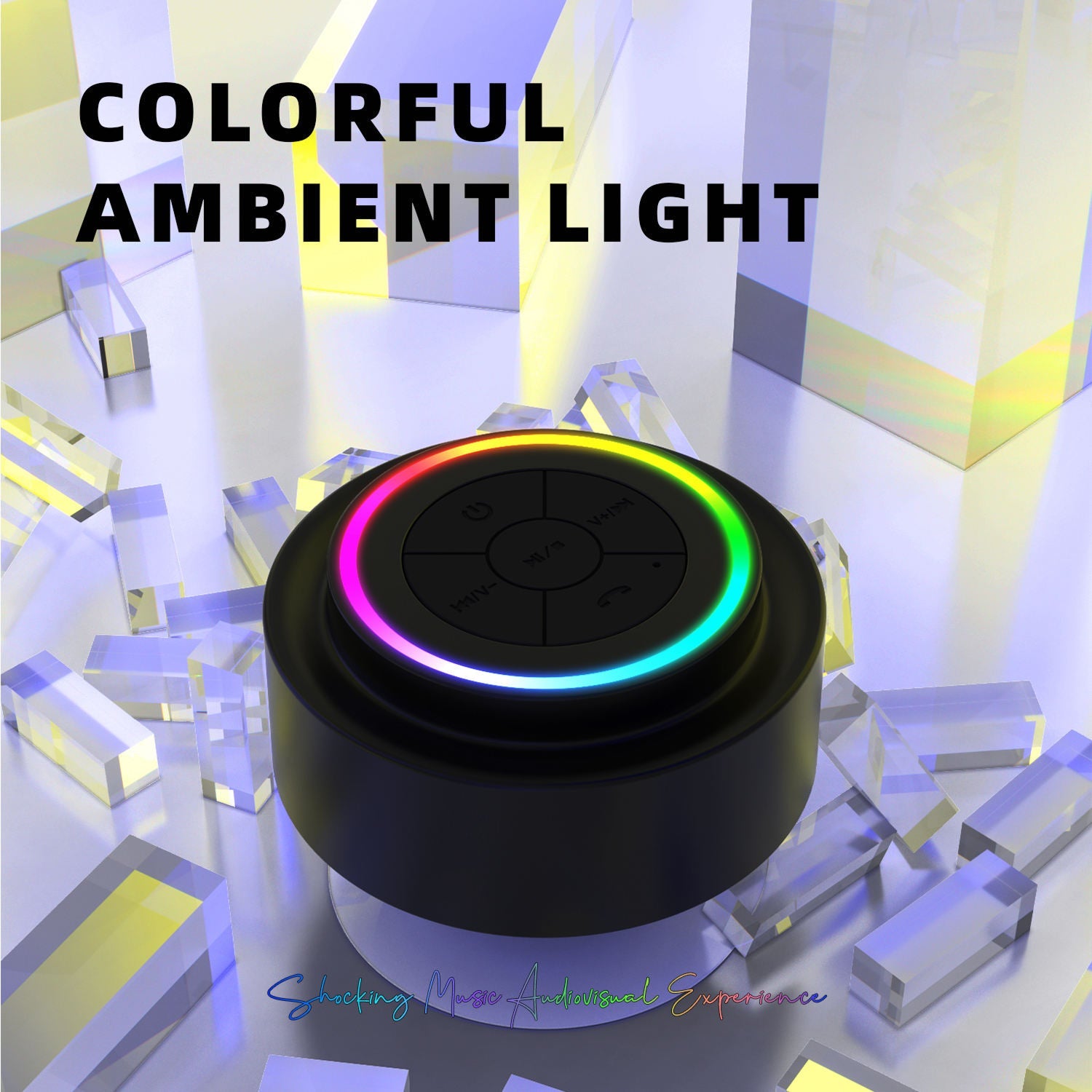 Title: BathMuci IP67 Waterproof Shower Speaker - TWS Stereo Sound, Detachable Suction Cup, RGB LED Lights