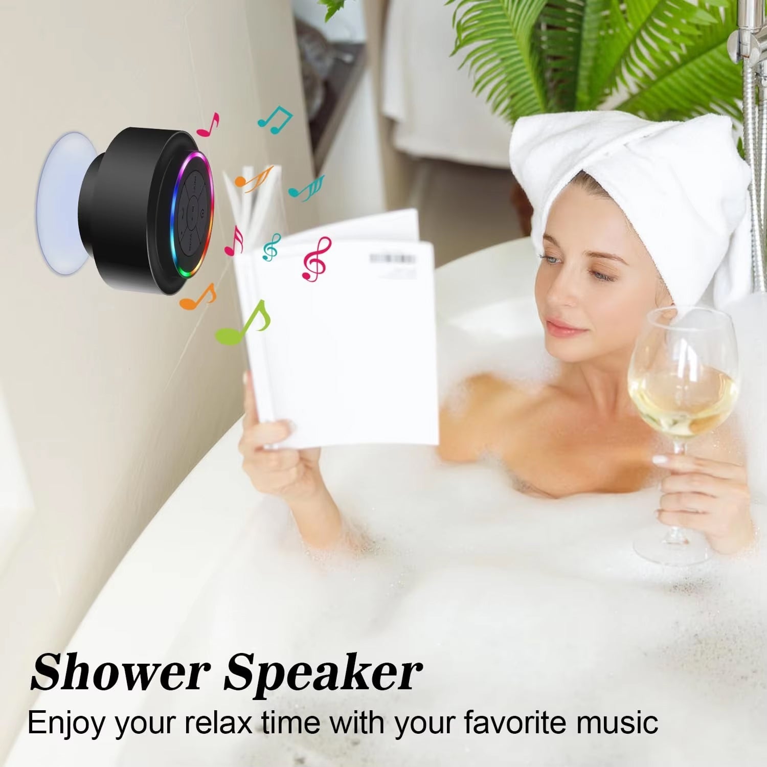 Title: BathMuci IP67 Waterproof Shower Speaker - TWS Stereo Sound, Detachable Suction Cup, RGB LED Lights