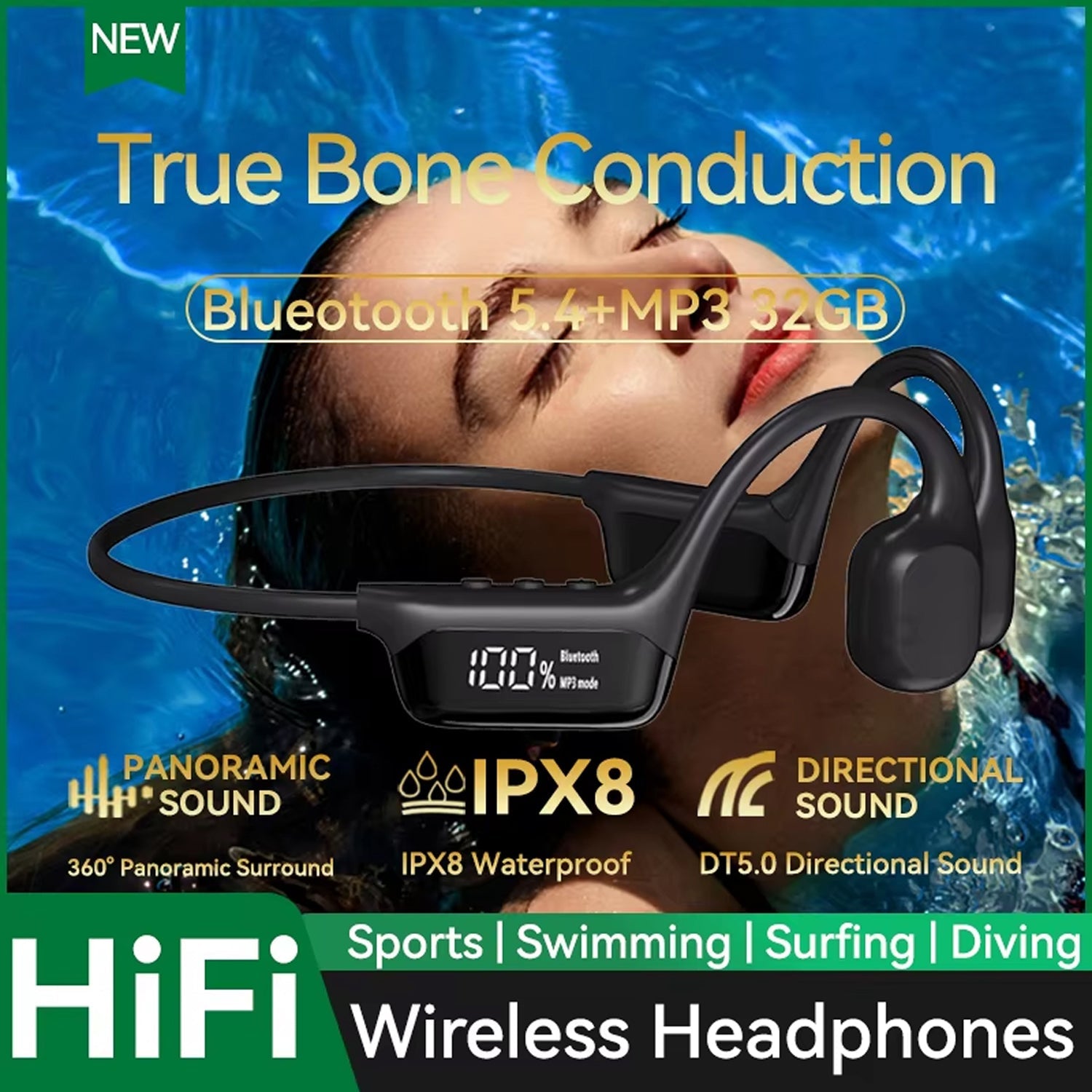 BoneOssi IPX8 Waterproof Swimming Headphones 32GB MP3 Bone Conduction Bluetooth 5.4
