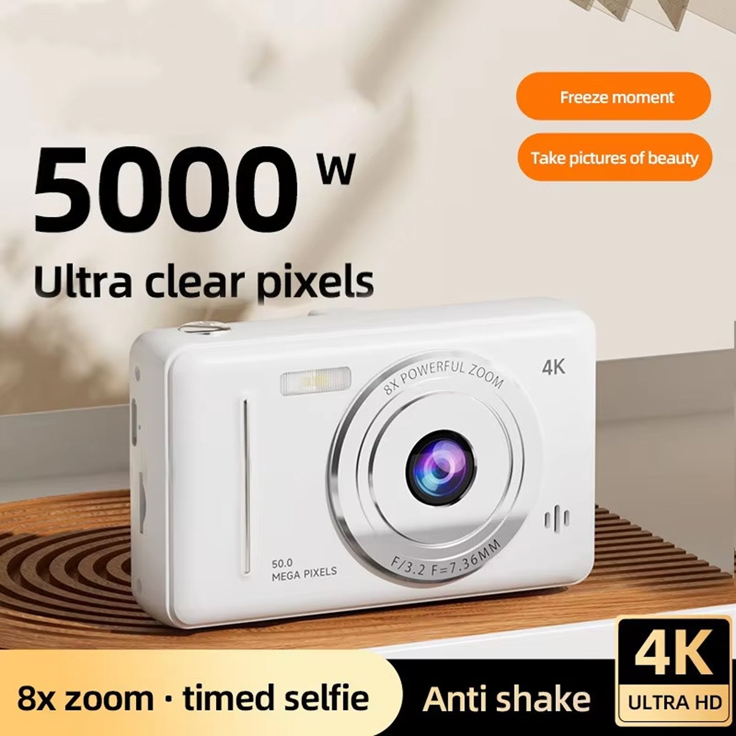 CamTipco 50MP Digital Camera 4K UHD 8X Zoom Compact Vlogging Cam with Anti-Shake