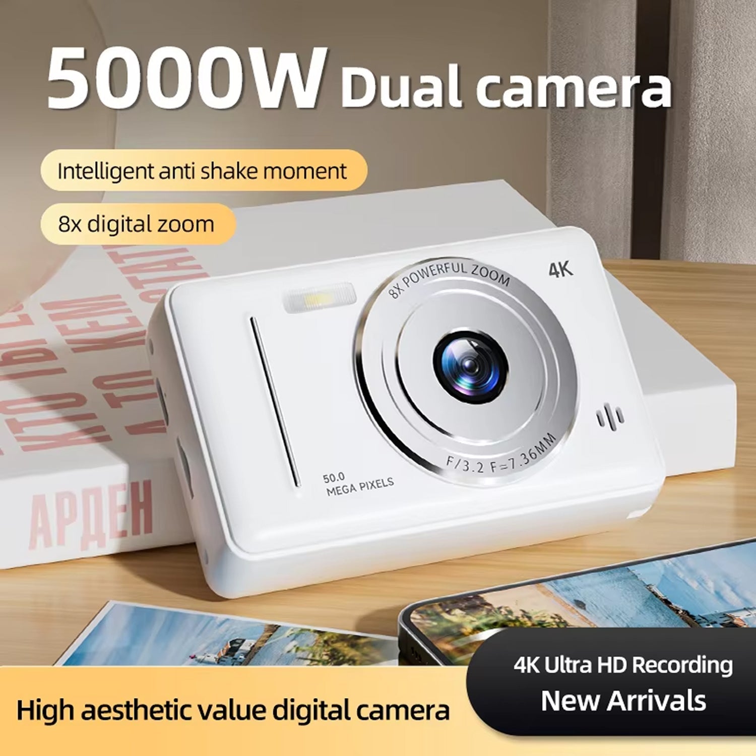 CamTipco 50MP Digital Camera 4K UHD 8X Zoom Compact Vlogging Cam with Anti-Shake