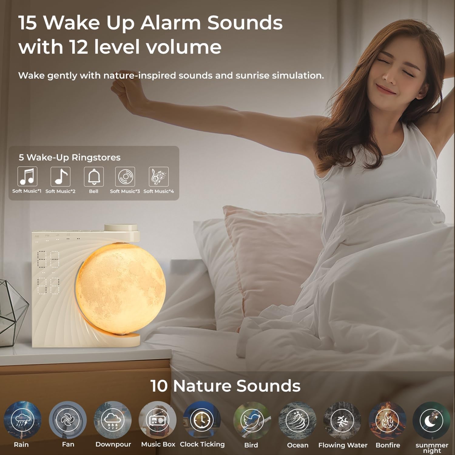 ClockOzi Sunrise Alarm Clock with 15 Nature Sounds and Moon Lamp