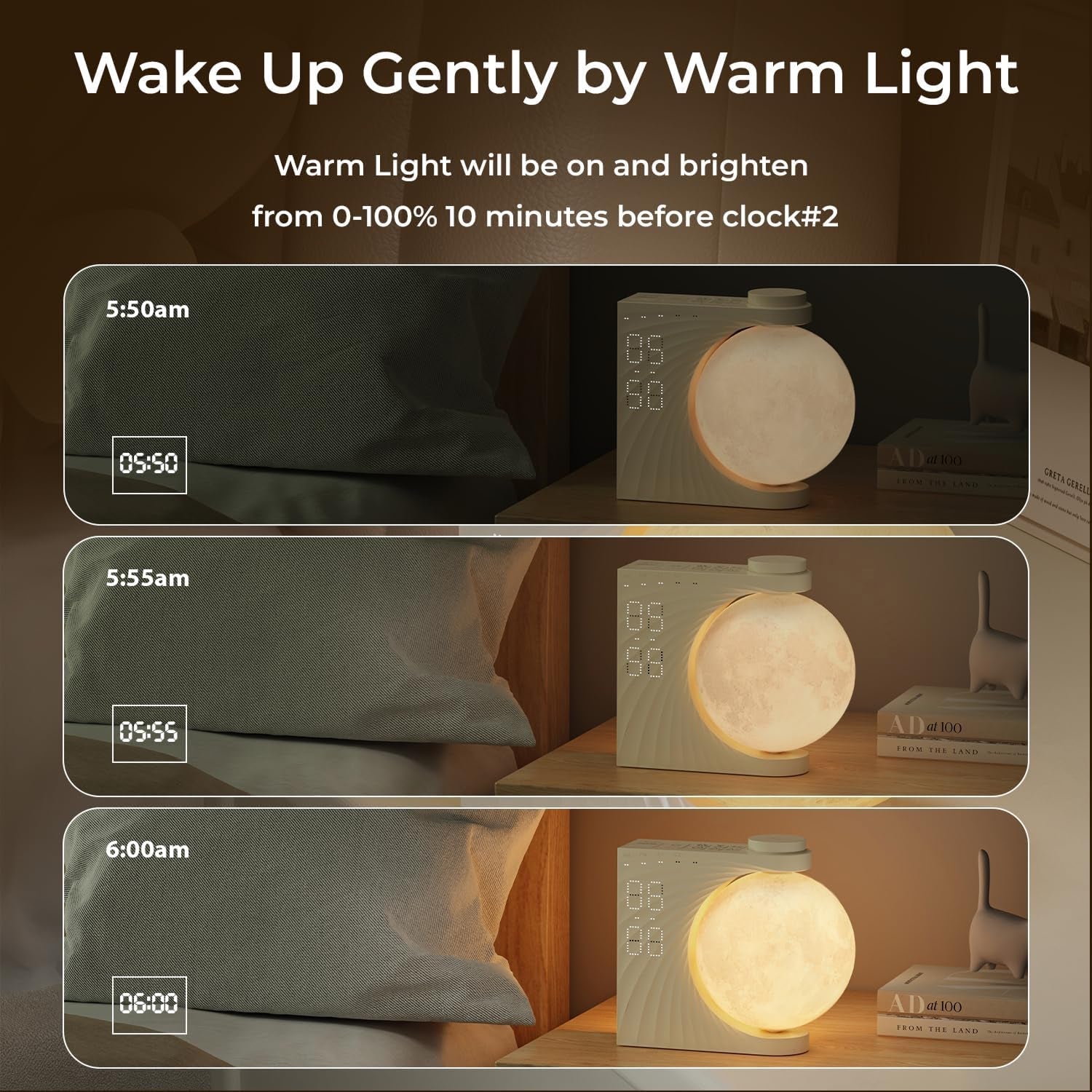 ClockOzi Sunrise Alarm Clock with 15 Nature Sounds and Moon Lamp