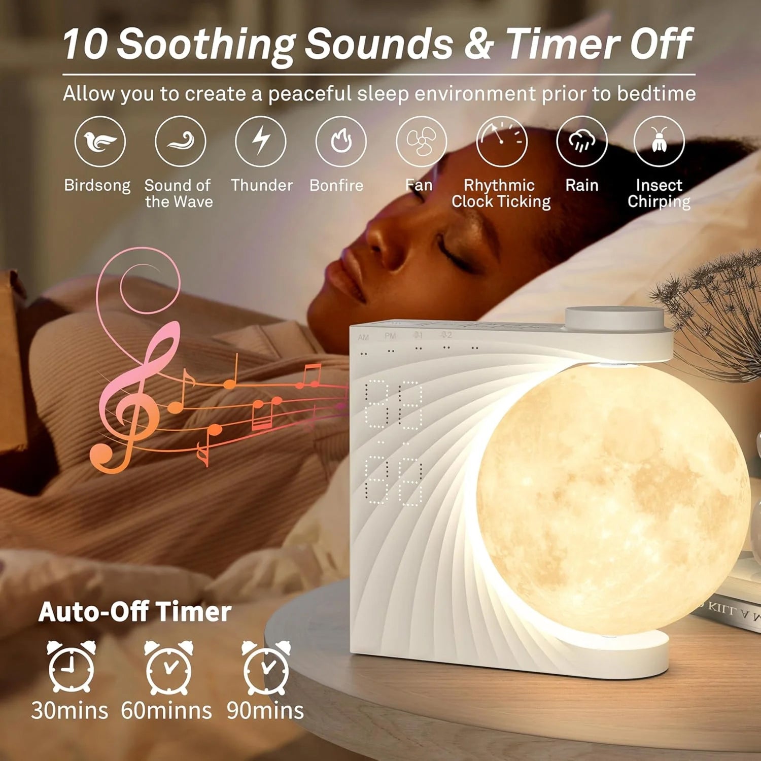ClockOzi Sunrise Alarm Clock with 15 Nature Sounds and Moon Lamp