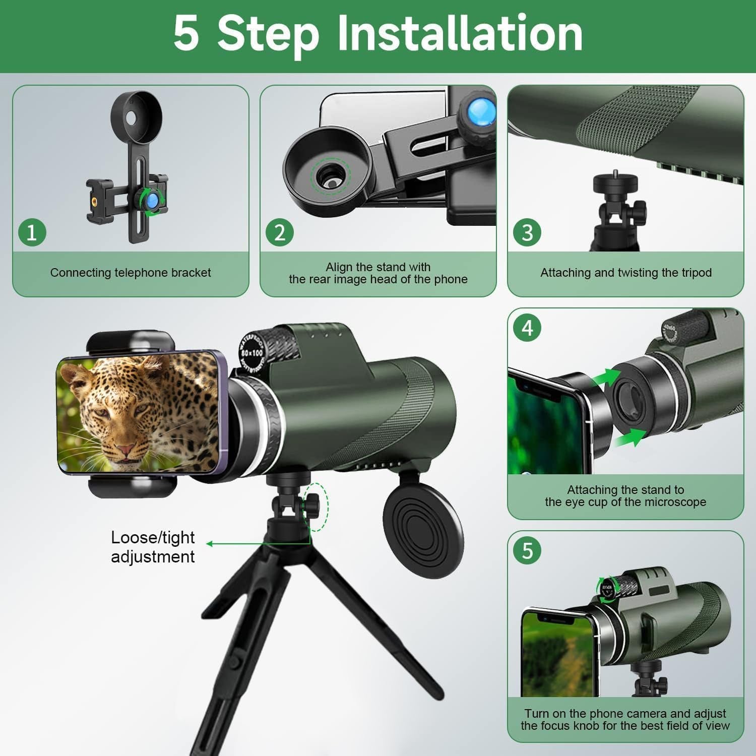 ClosiObi 80x100 High-Power Monocular with BAK4 Prism, 5-Layer Broadband Coating and HD Smartphone Photography Adapter