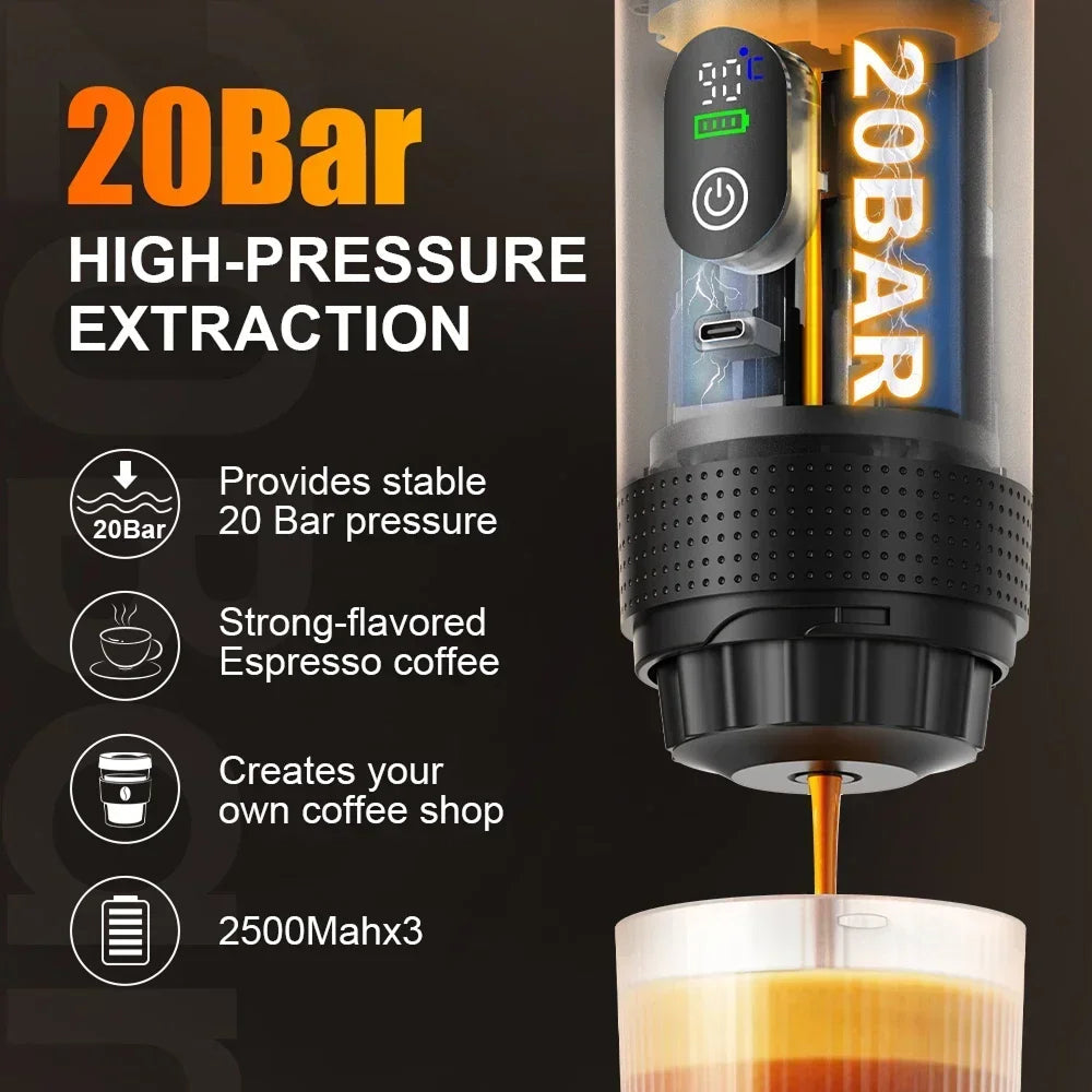 CofiMika Portable Coffee Maker - 20 Bar High-Pressure Espresso Machine with Heating Element, 7500mAh Battery