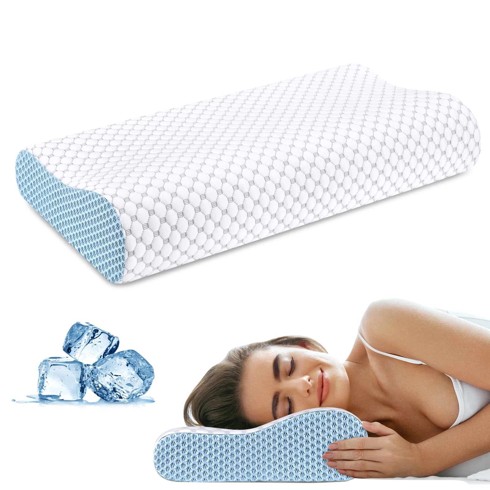 CoolaPill Cooling Memory Foam Pillow Ergonomic Neck Support with Cold Silk Pillowcase
