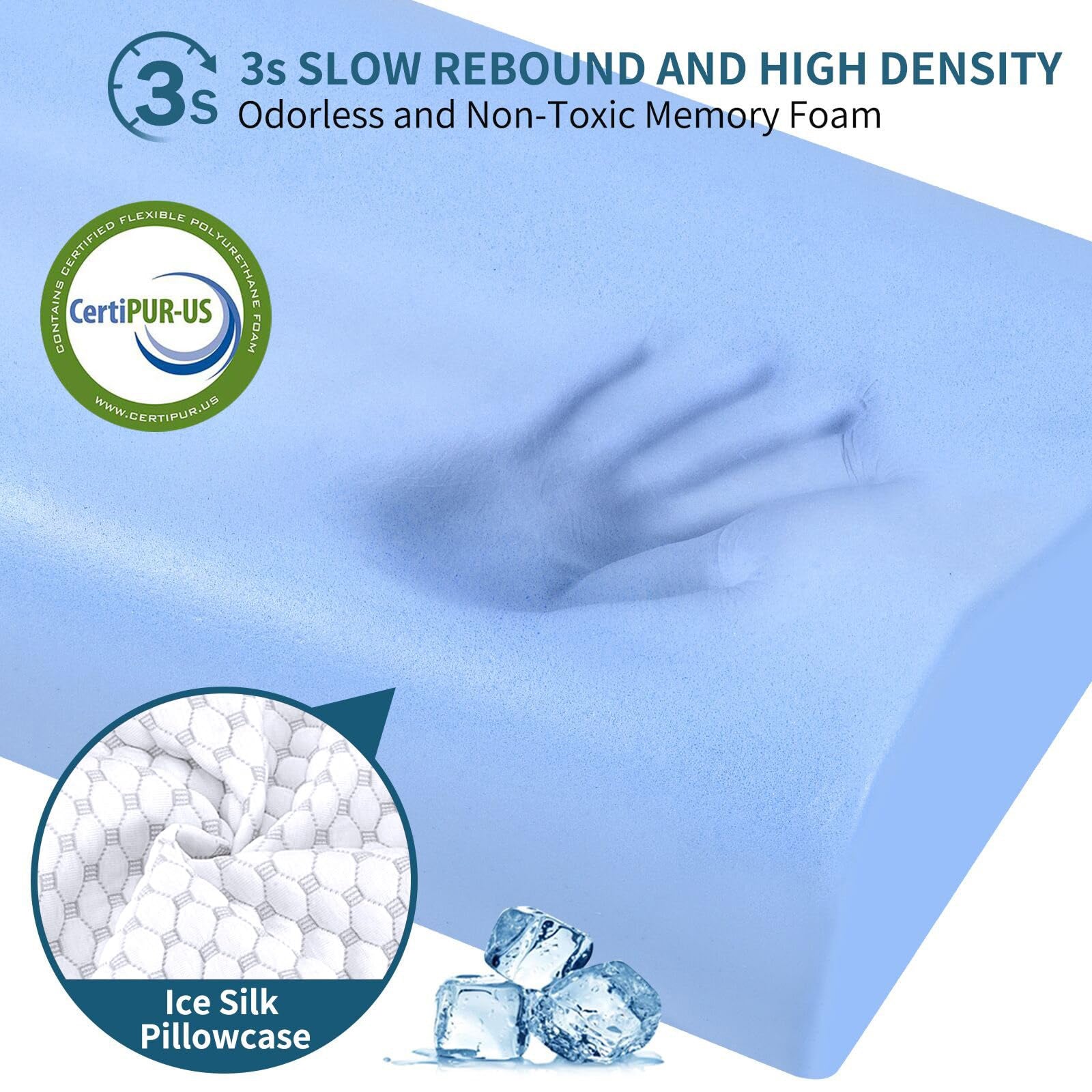 CoolaPill Cooling Memory Foam Pillow Ergonomic Neck Support with Cold Silk Pillowcase