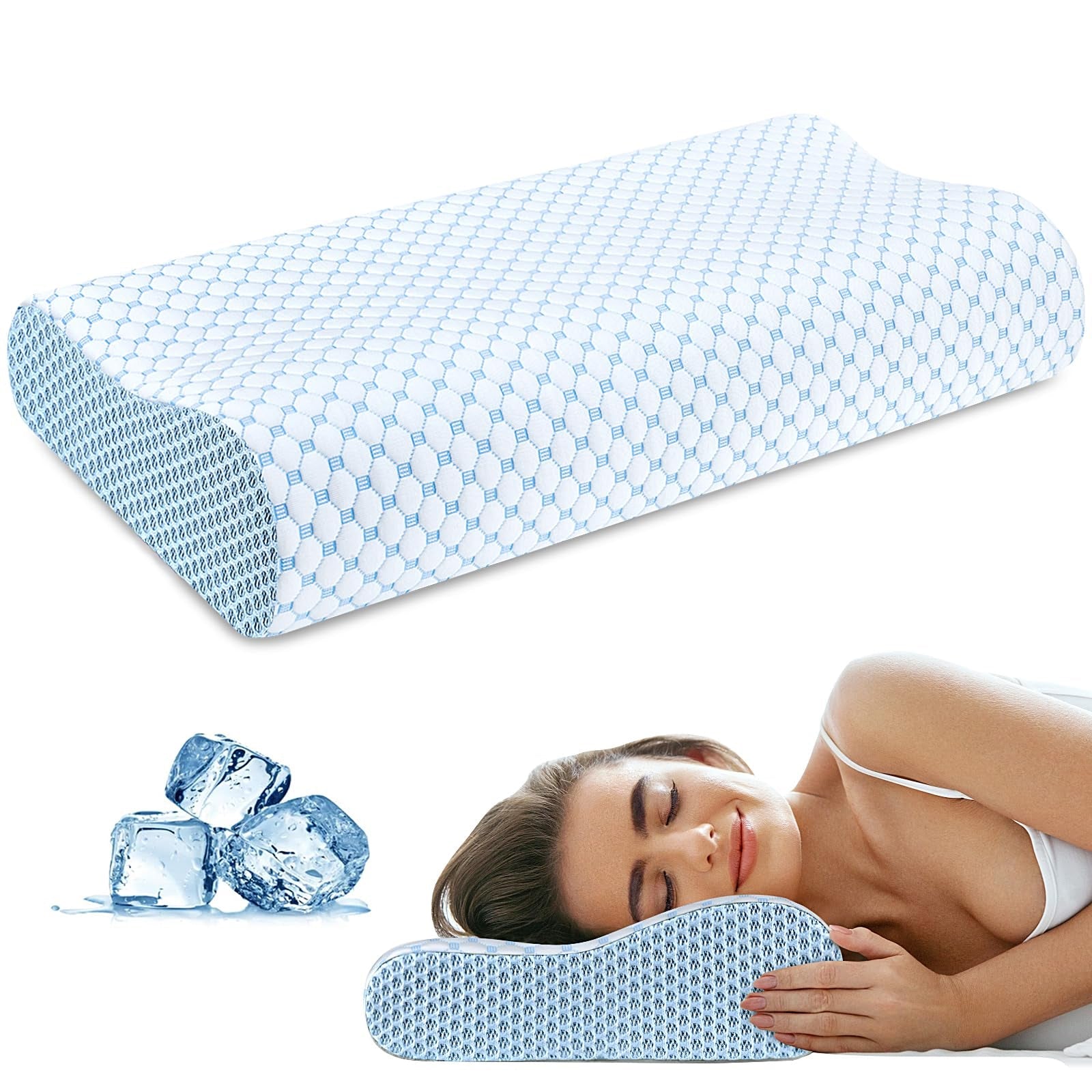 CoolaPill Cooling Memory Foam Pillow Ergonomic Neck Support with Cold Silk Pillowcase
