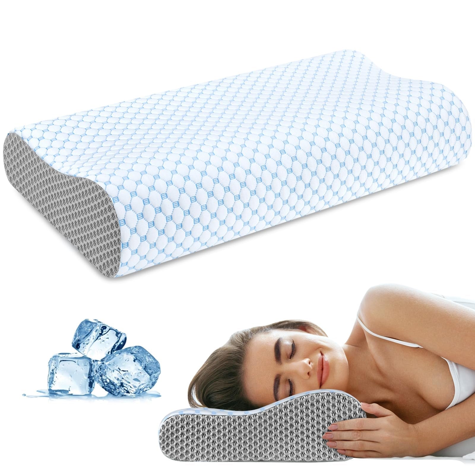 CoolaPill Cooling Memory Foam Pillow Ergonomic Neck Support with Cold Silk Pillowcase