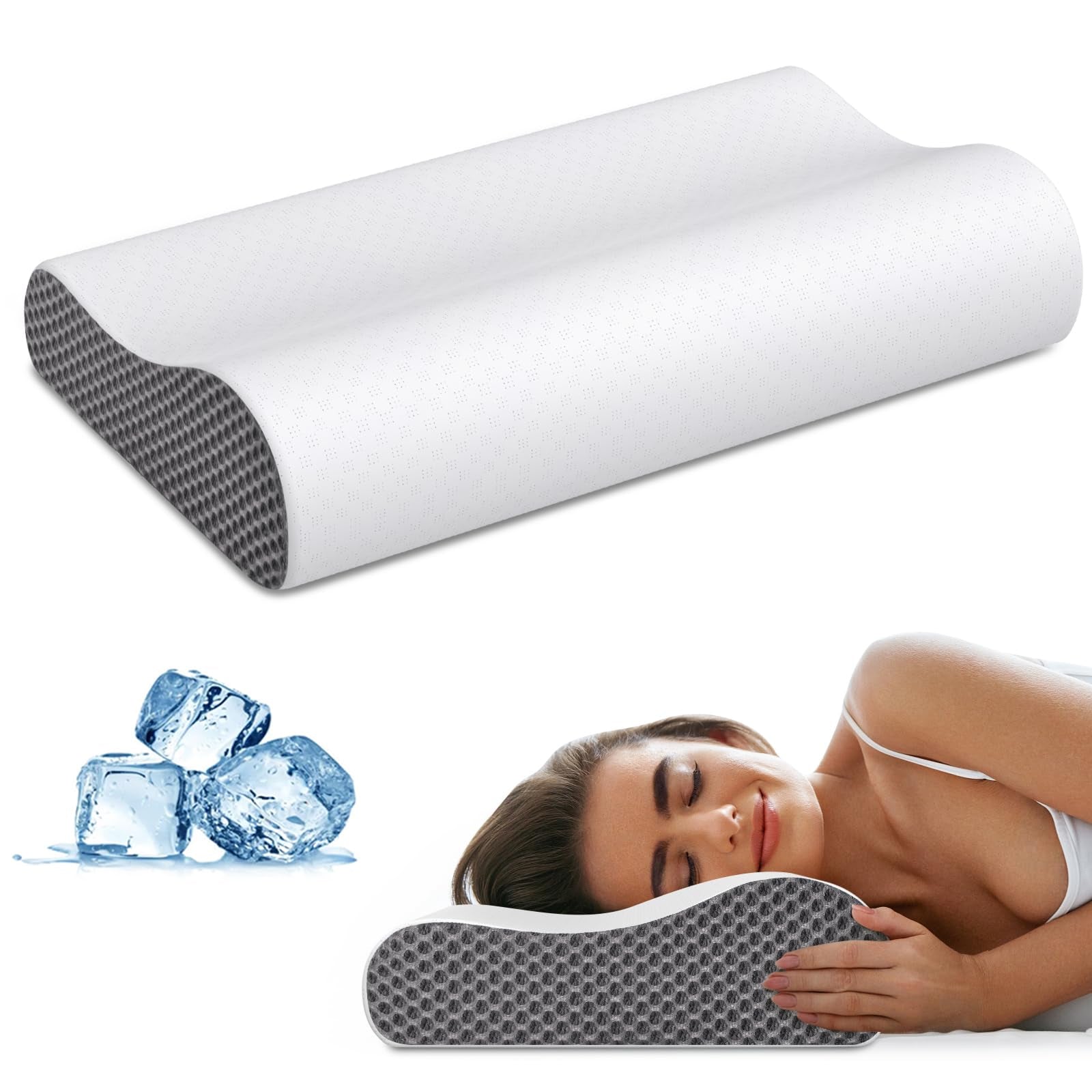 CoolaPill Cooling Memory Foam Pillow Ergonomic Neck Support with Cold Silk Pillowcase