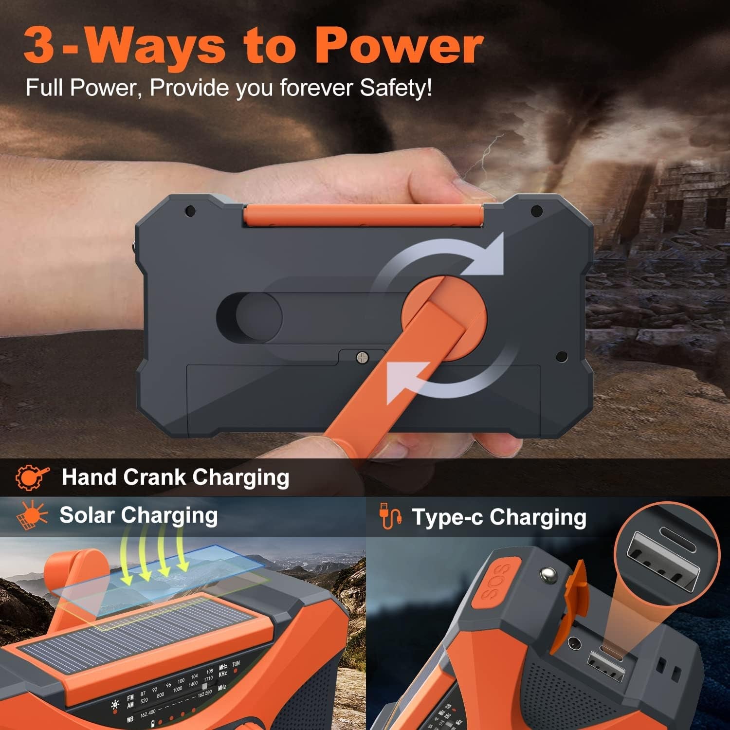 CrisyCom 10,000mAh Solar Hand-Crank NOAA Weather Emergency Radio