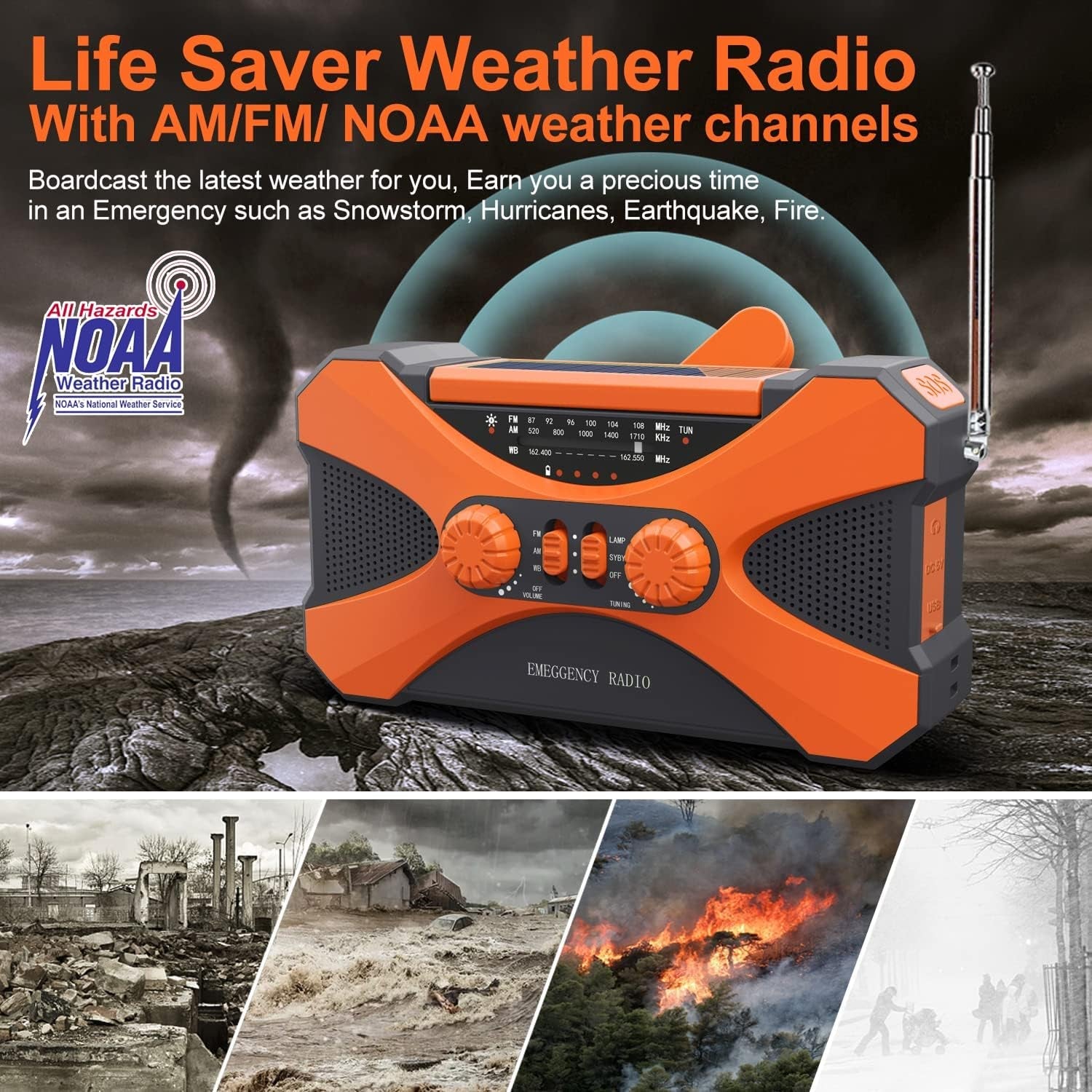 CrisyCom 10,000mAh Solar Hand-Crank NOAA Weather Emergency Radio