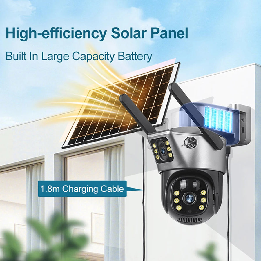 DebviMis 4K Dual-Lens Solar Security Camera 355° Pan/Tilt with PIR Humanoid Detection and Full-Color Night Vision