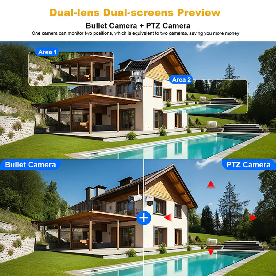 DebviMis 4K Dual-Lens Solar Security Camera 355° Pan/Tilt with PIR Humanoid Detection and Full-Color Night Vision