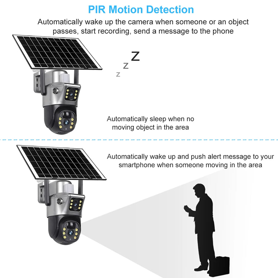 DebviMis 4K Dual-Lens Solar Security Camera 355° Pan/Tilt with PIR Humanoid Detection and Full-Color Night Vision