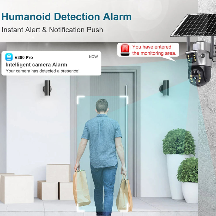 DebviMis 4K Dual-Lens Solar Security Camera 355° Pan/Tilt with PIR Humanoid Detection and Full-Color Night Vision