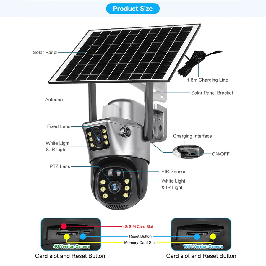 DebviMis 4K Dual-Lens Solar Security Camera 355° Pan/Tilt with PIR Humanoid Detection and Full-Color Night Vision