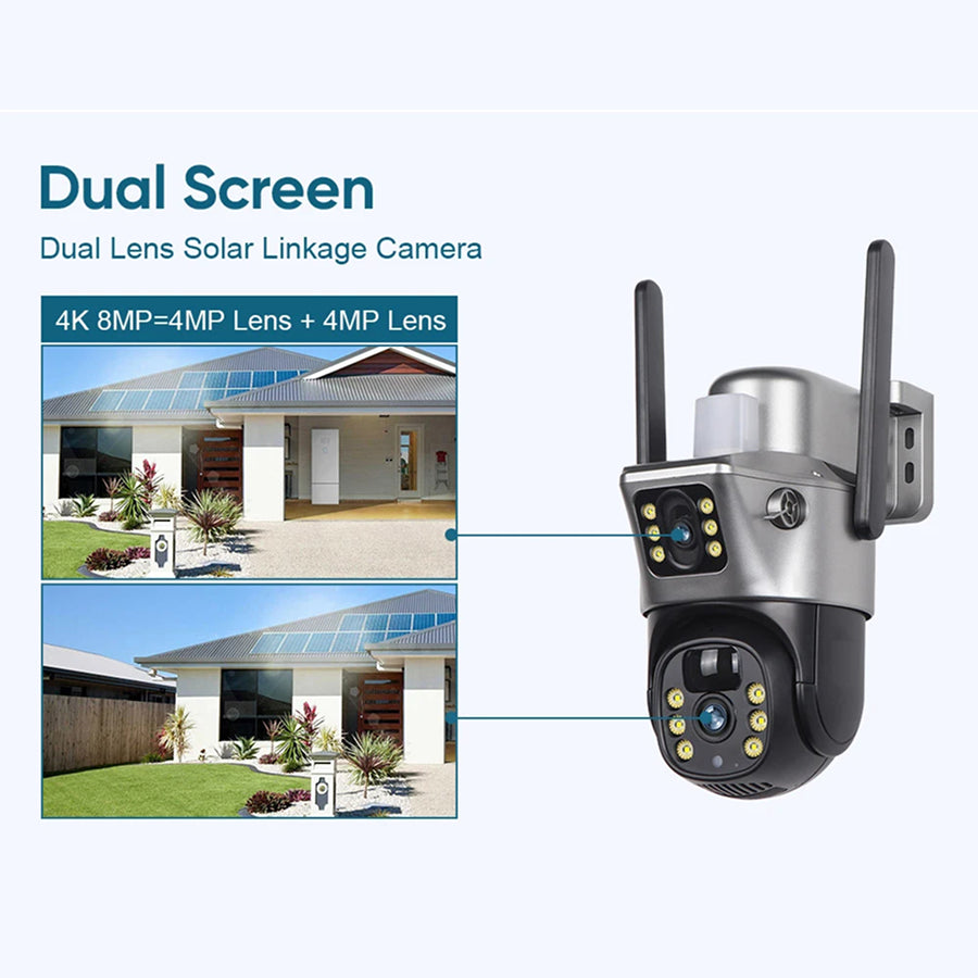 DebviMis 4K Dual-Lens Solar Security Camera 355° Pan/Tilt with PIR Humanoid Detection and Full-Color Night Vision