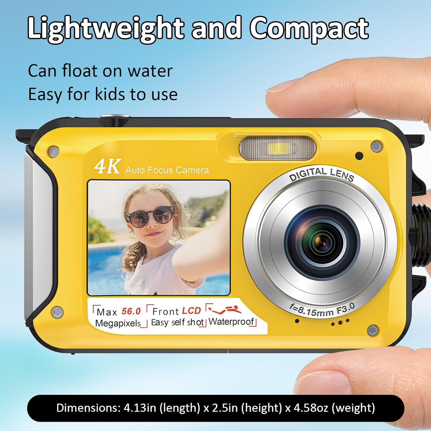 DeepyShot 4K UHD Waterproof Digital Camera 56MP Dual-Screen Selfie Design with 11FT Depth and Floatable Construction