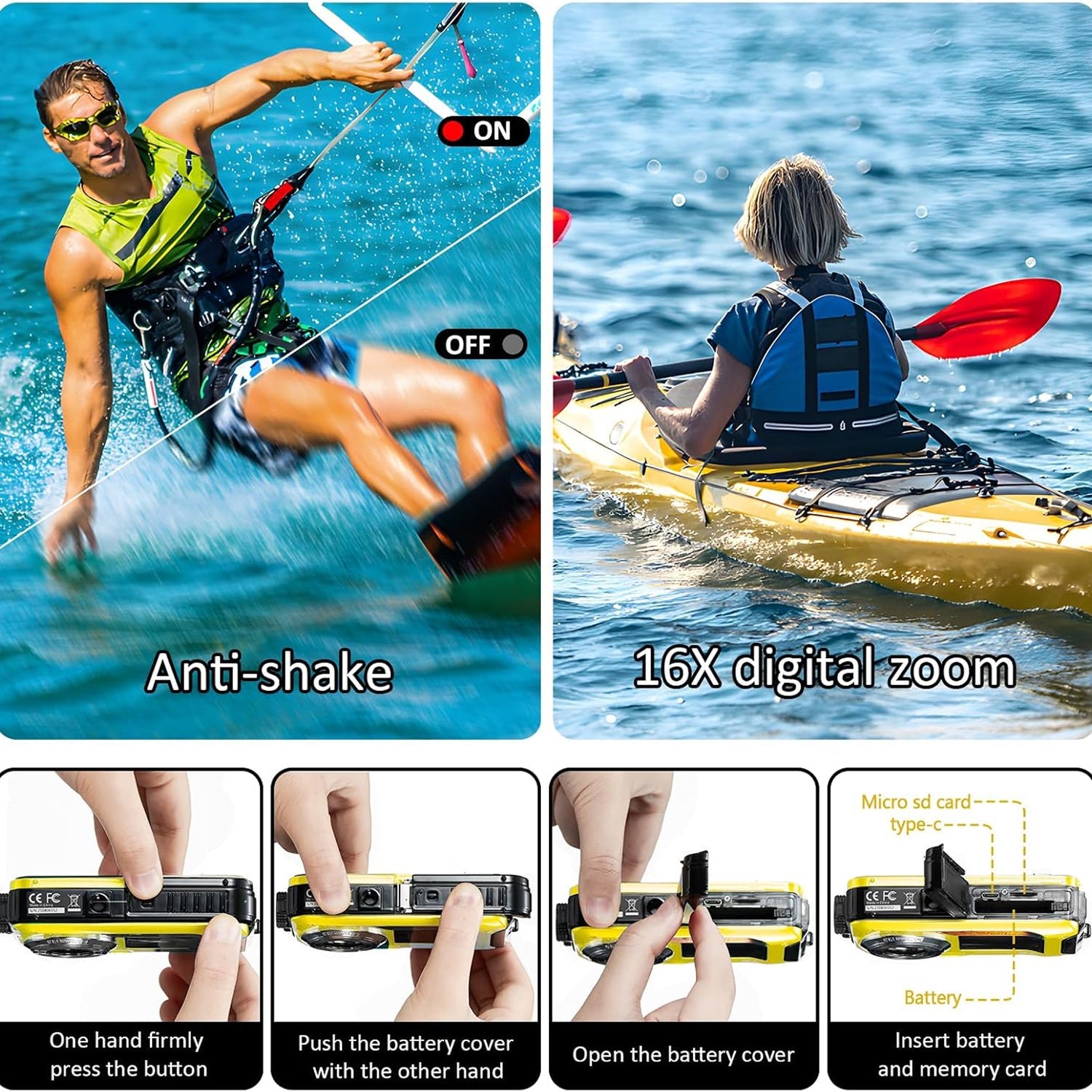 DeepyShot 4K UHD Waterproof Digital Camera 56MP Dual-Screen Selfie Design with 11FT Depth and Floatable Construction