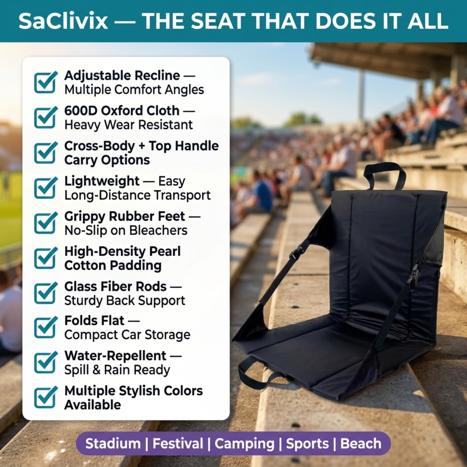 SaClivix Reclining Stadium Seat for Bleachers and Camping