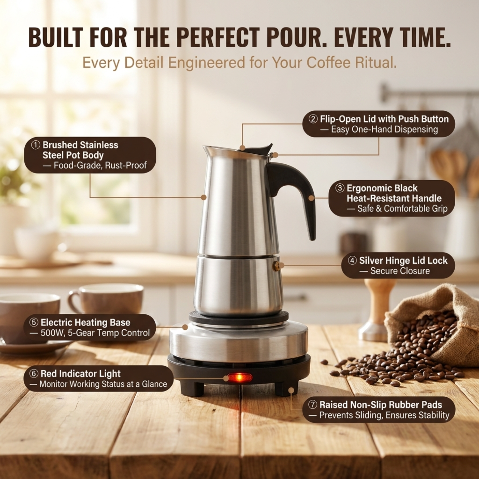 PeviComak Coffee Percolator Electric 304 Stainless Steel with 5-Gear Temp Control