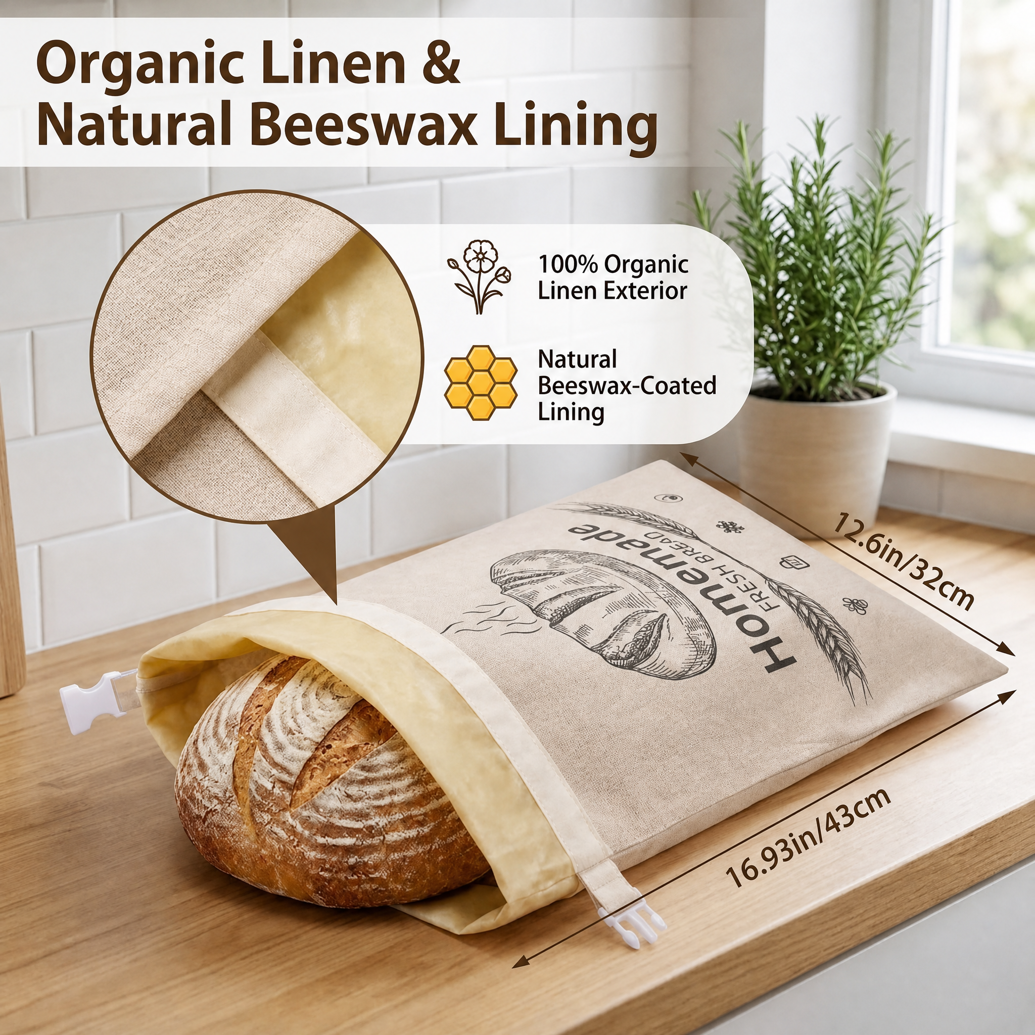 BeeBredix Beeswax Bread Bag Linen 17x12.6in Keeps Fresh 7 Days Freezer-Safe Reusable