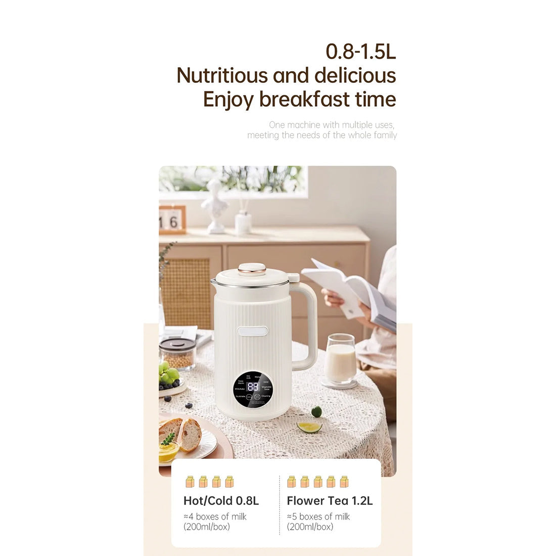 EliHinse Nut Milk Maker 10-Blade System with 9 Functions No-Filter Soy Milk Machine & 12H Timer for Home Use