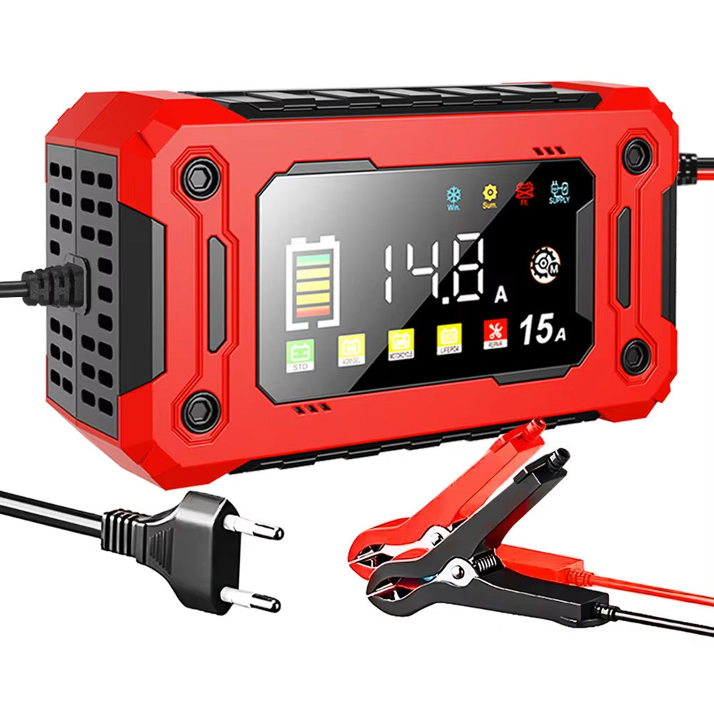 EnerOsci 15A Smart Car Battery Charger LiFePO4 Lithium Pulse Repair 12V/24V with HD Screen