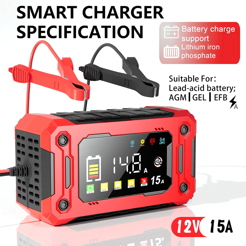 EnerOsci 15A Smart Car Battery Charger LiFePO4 Lithium Pulse Repair 12V/24V with HD Screen