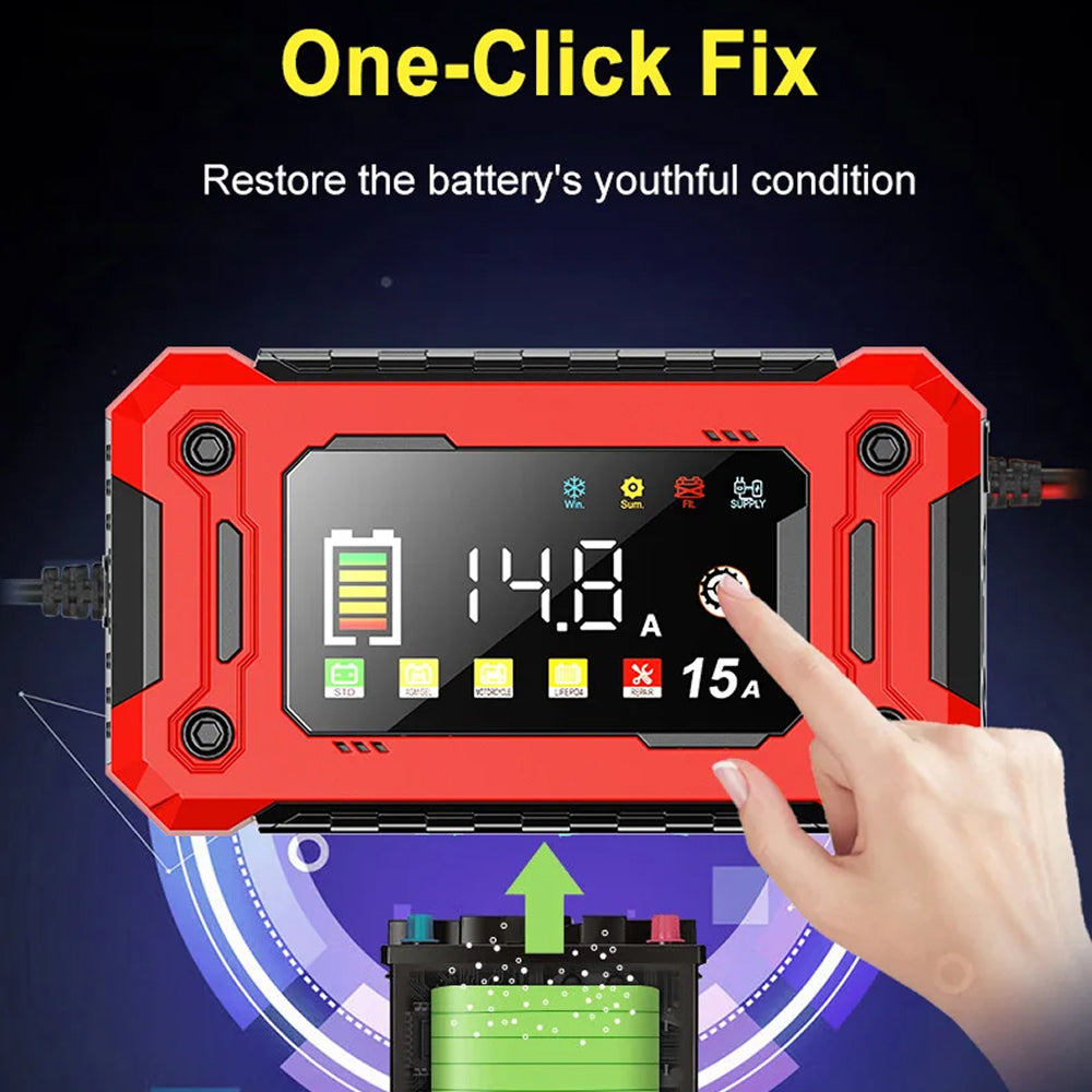 EnerOsci 15A Smart Car Battery Charger LiFePO4 Lithium Pulse Repair 12V/24V with HD Screen